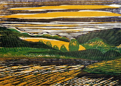Gerd Bandelow. Am Oberpfuhl.2021. Farbholzschnitt, 3 Platten. 17 x 27 cm